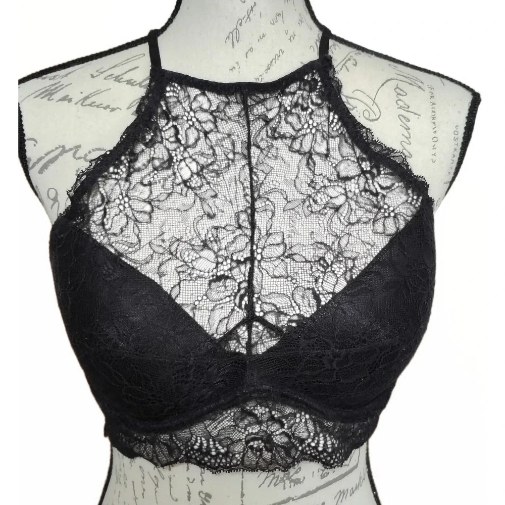 Xoxo Black Lace High Neck Halter Bralette 36C Racer Back Goth Grunge Festival